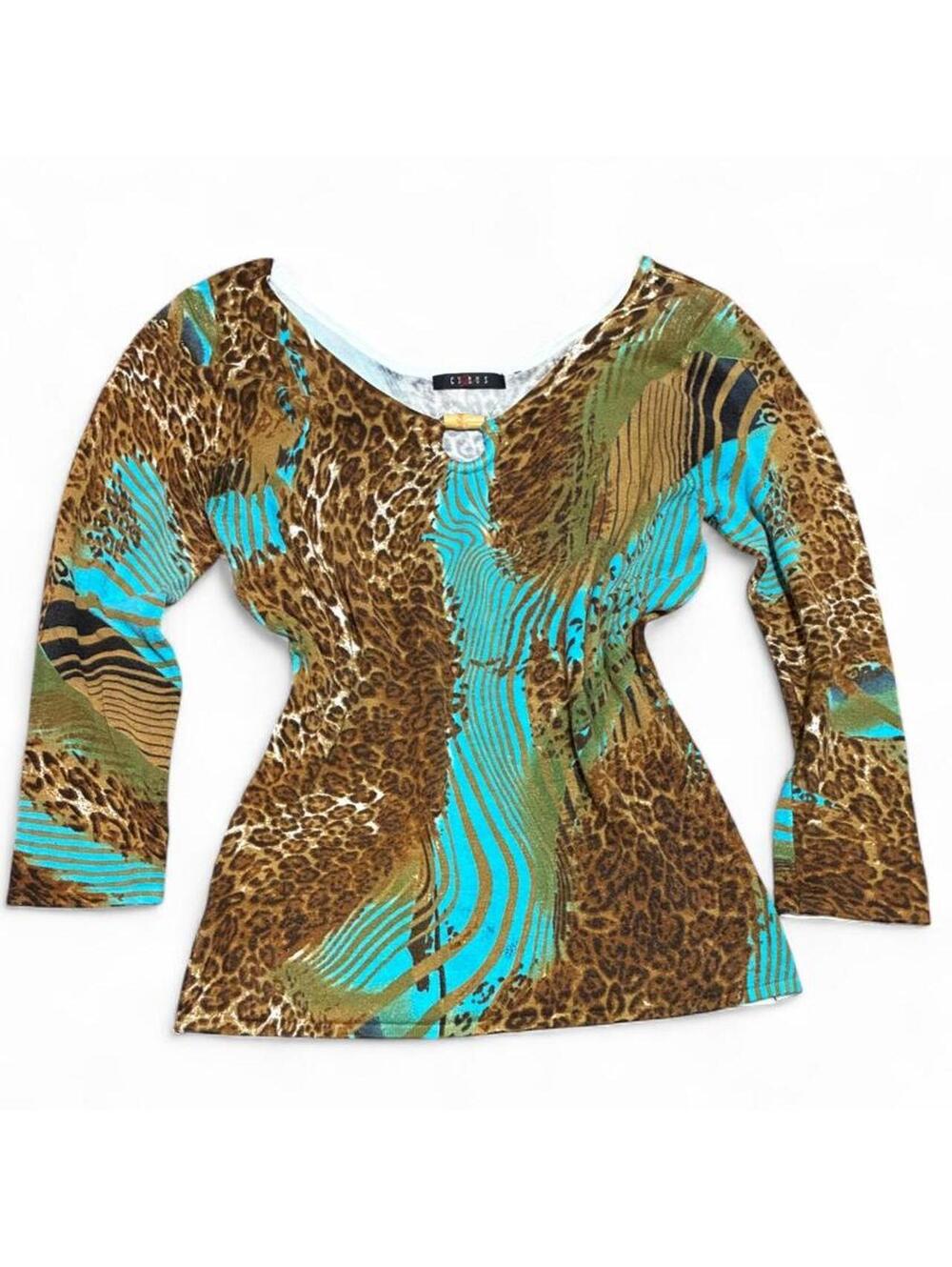 Y2K Cyrus Leopard Print Mesh Top Turquoise Animal Print Keyhole 3/4 Sleeve